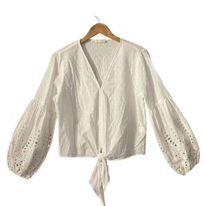 Lovestitch Womens White Swiss Dot Eyelet Balloon Sleeve Tie Front Blouse Medium